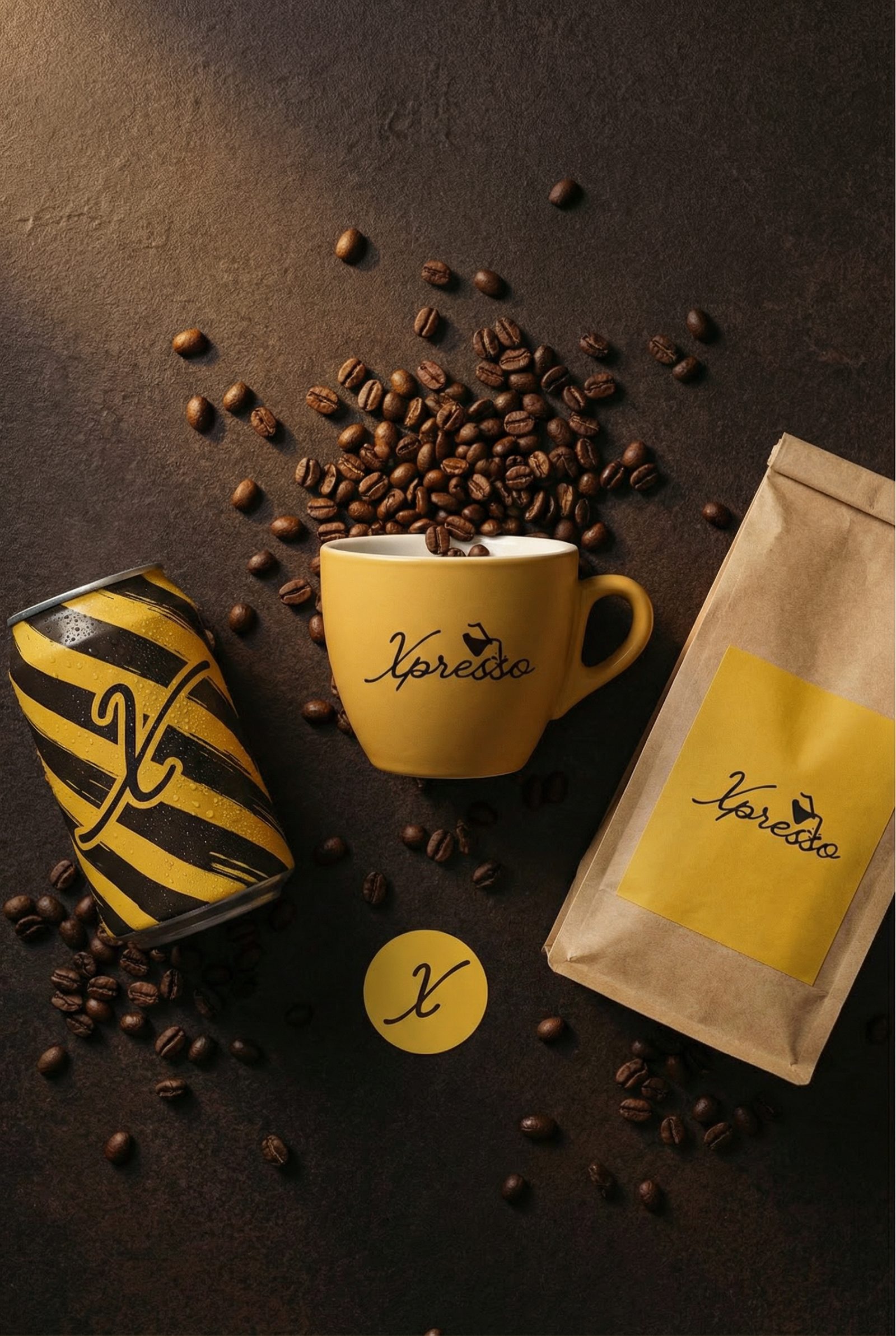 Xpresso · coffee can, espresso cup & bean bag packaging